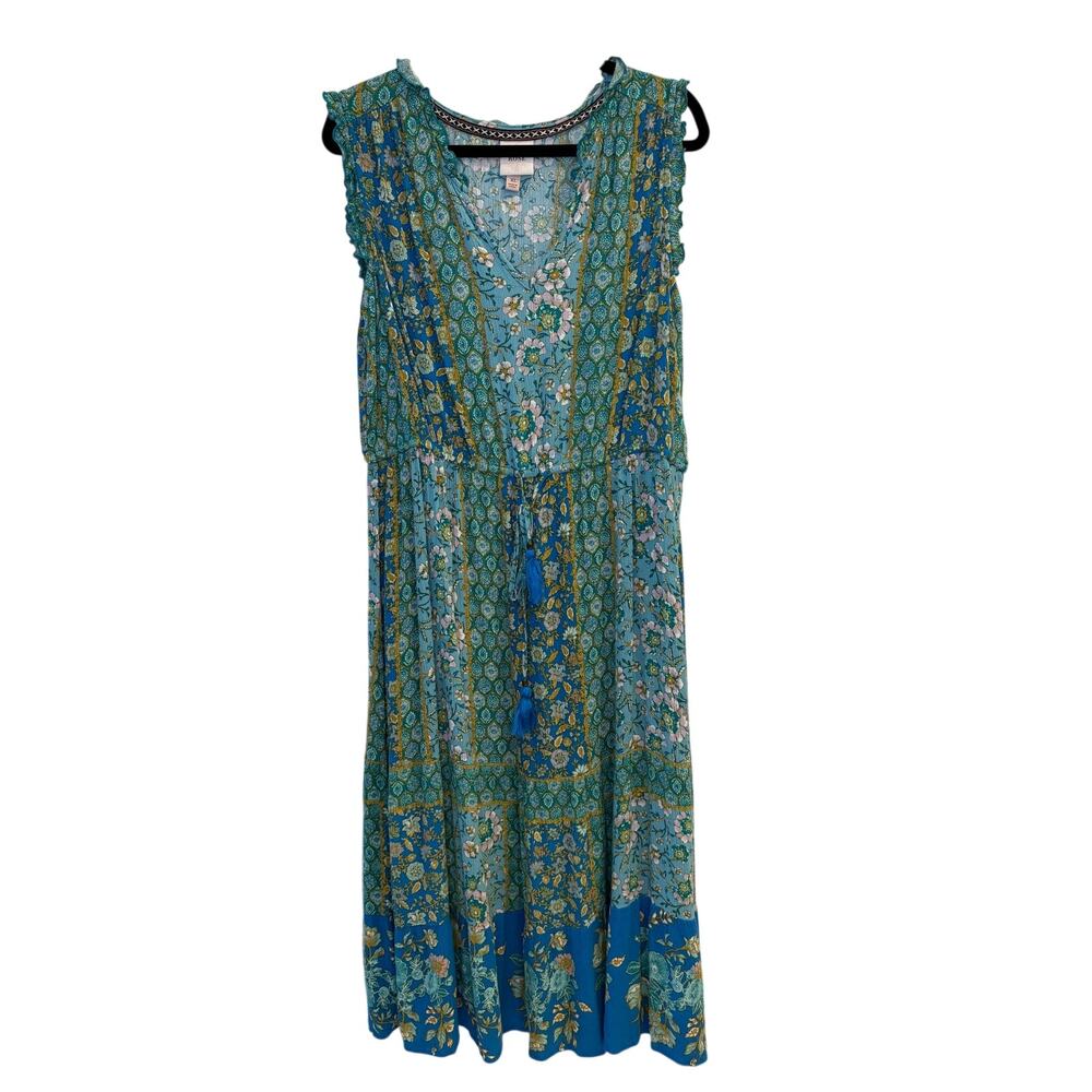 Knox Rose Blue & Green Floral Boho Midi Dress Flutter Sleeve Drawstring Waist XL